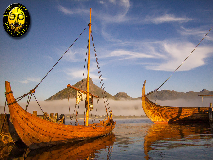 Liking ship reconstructions at rest in a Norwegian fiord.